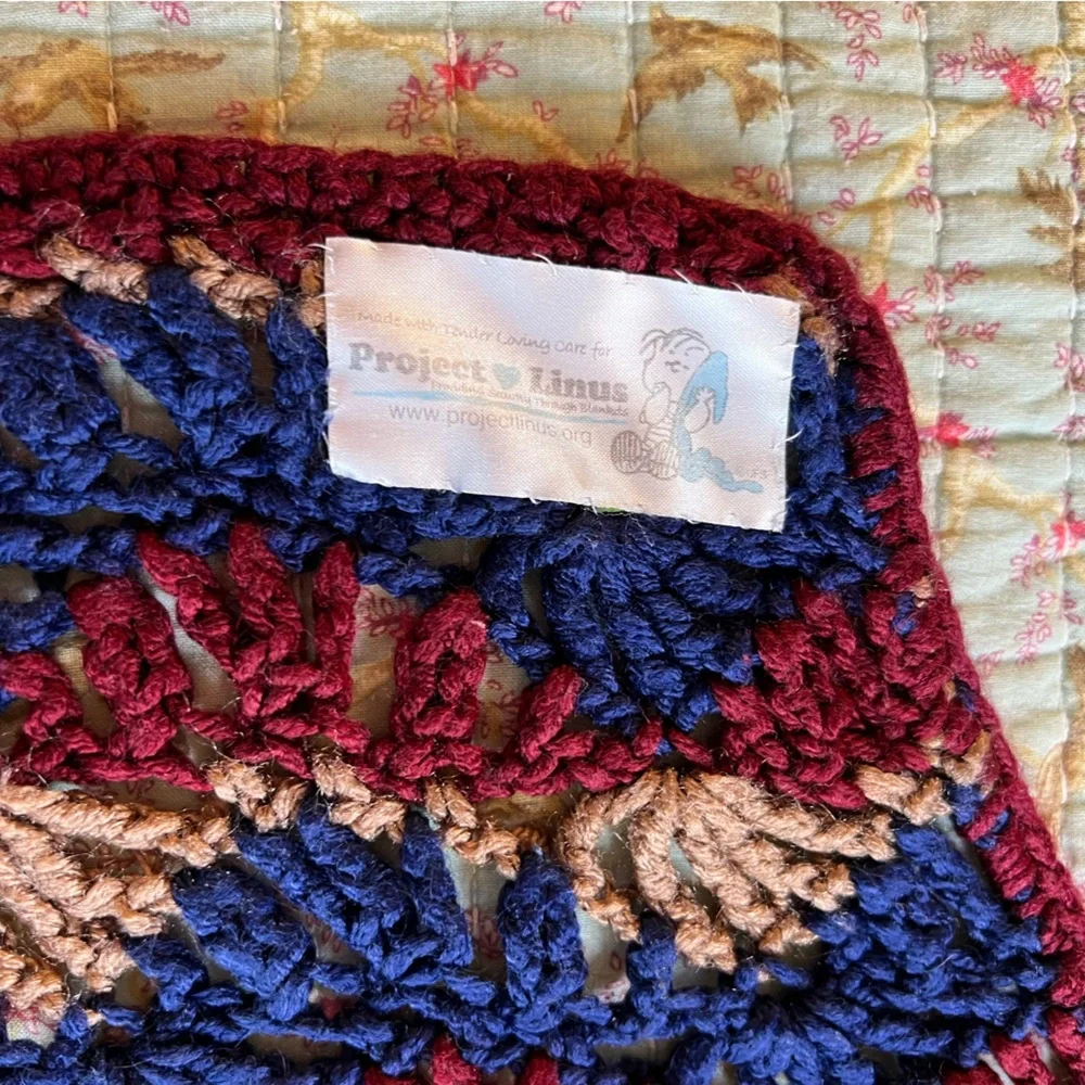 Vintage handmade loose open knit tan red blue throw blanket